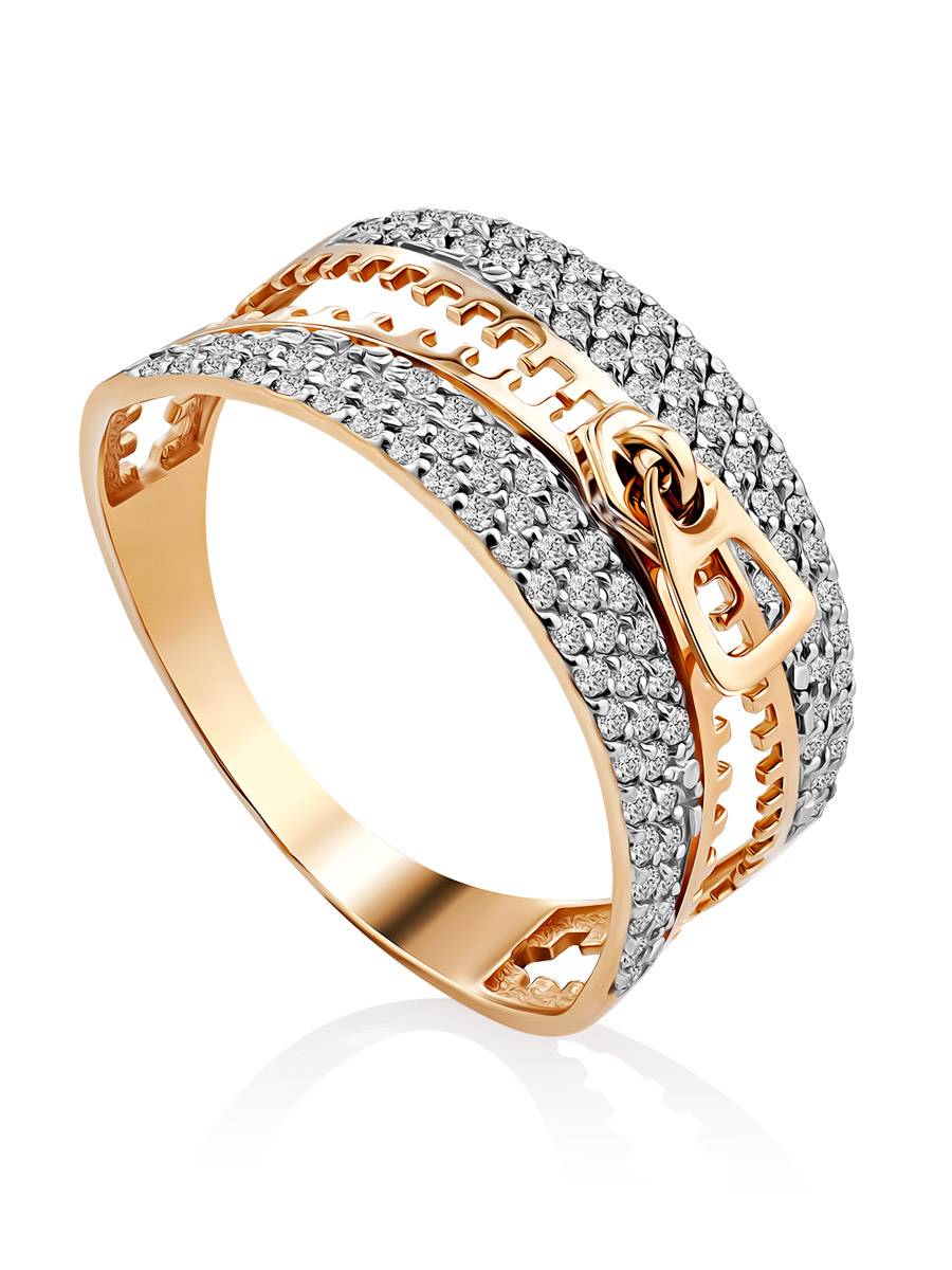 Кольца :: Кольца из золота :: Кристалл :: Эффектное широкое кольцо-молния из золота с фианитами